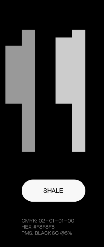 Two vertical rectangular gray shapes, each with a stepped cutout, are centered on a black background. Below them is a white button labeled SHALE and small white text with CMYK, HEX, and PMS color codes.