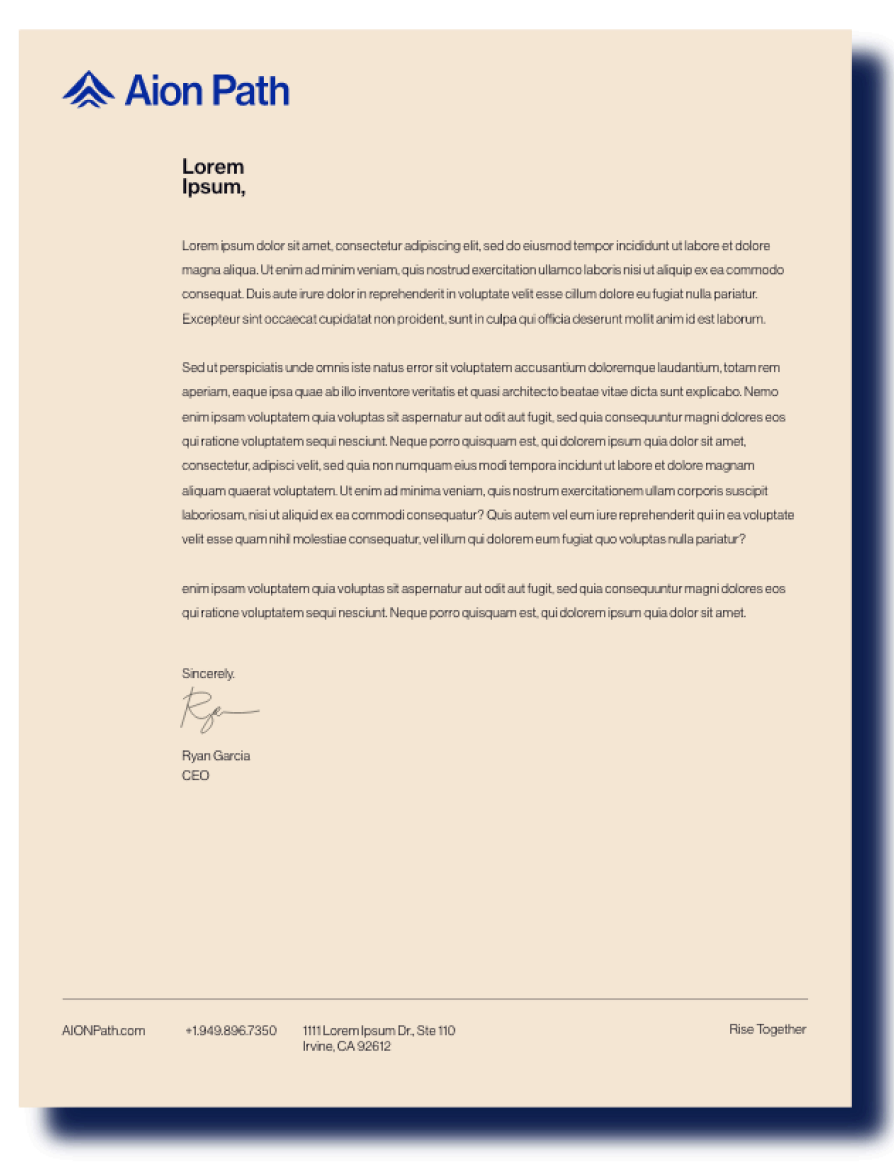 A professional letter from Aion Path on cream-colored letterhead with blue company logo at the top left. The letter contains placeholder text, and is signed by Ryan Clark, CEO, above company contact details at the bottom.