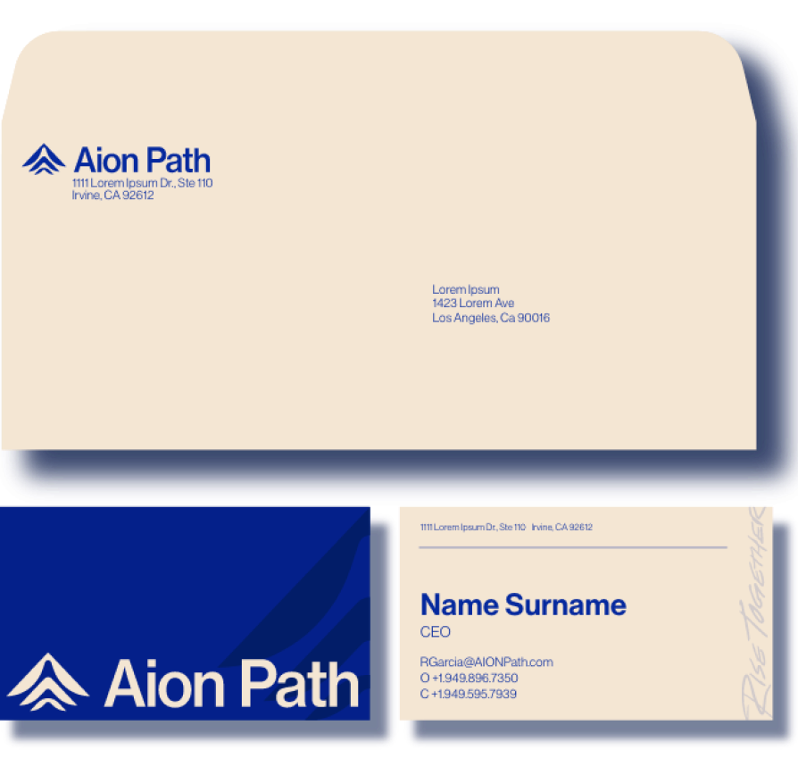 Envelope and business card design for Aion Path. The envelope is beige with a blue logo and address. The business card has a blue front with the logo and a beige back with contact details and a similar logo.