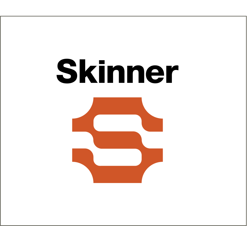The image shows the word “Skinner” in bold black text above an abstract orange logo resembling a stylized letter S and leather shape, on a white background.