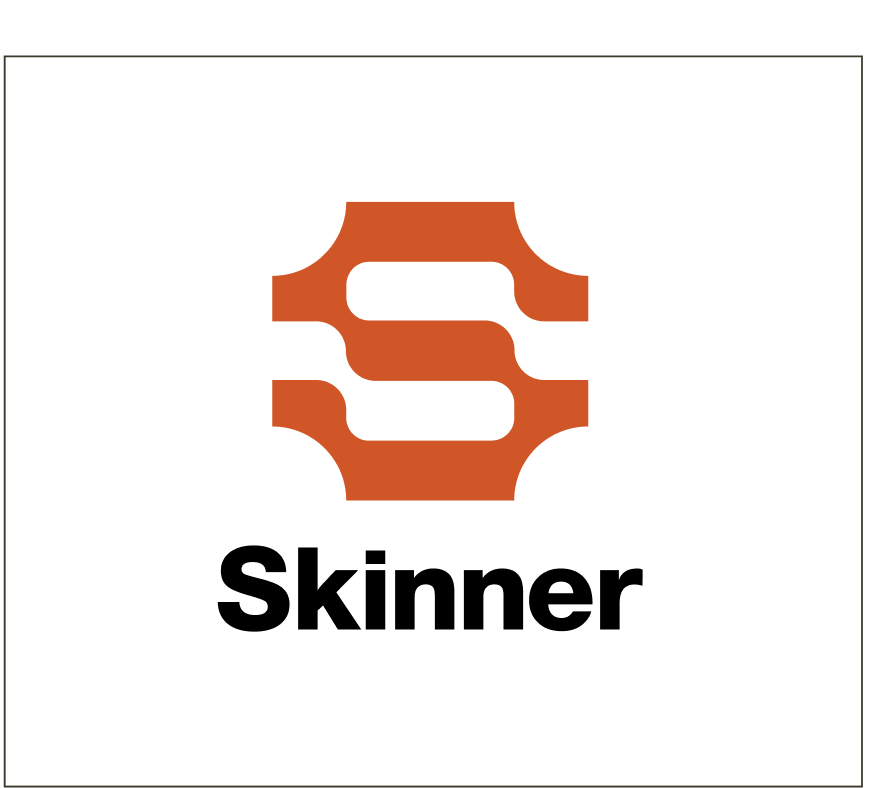 An abstract orange logo resembling the letter S above the word Skinner in bold black text, all set against a plain white background.