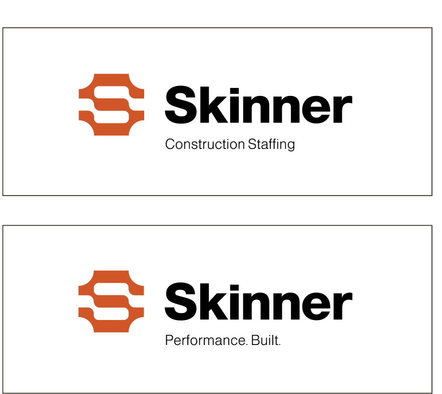 Two logos for Skinner are shown. Each features an orange geometric S shape and bold black text. The first tagline reads Construction Staffing, and the second says Performance. Built.