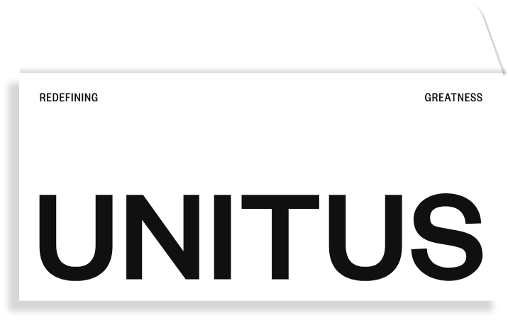 A white envelope displays the word UNITUS in large bold black letters. Above, REDEFINING is printed on the left and GREATNESS on the right in smaller black text.
