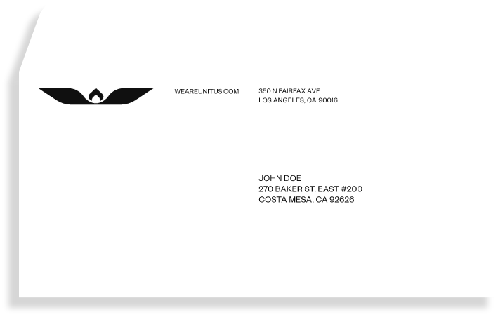 A white envelope with a black logo and the sender’s address at the top left: 350 N Fairfax Ave, Los Angeles, CA 90016. The recipients address is centered: John Doe, 270 Baker St. East #200, Costa Mesa, CA 92626.