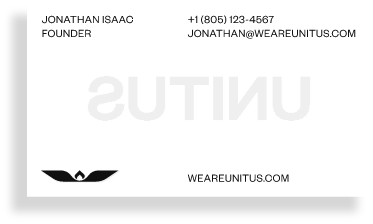 A minimalist business card for Jonathan Isaac, Founder. Contact info: +1 (805) 123-4567, jonathan@weareunitus.com. Website: weareunitus.com. Black logo at bottom left; faint “UNITUS” text watermark.