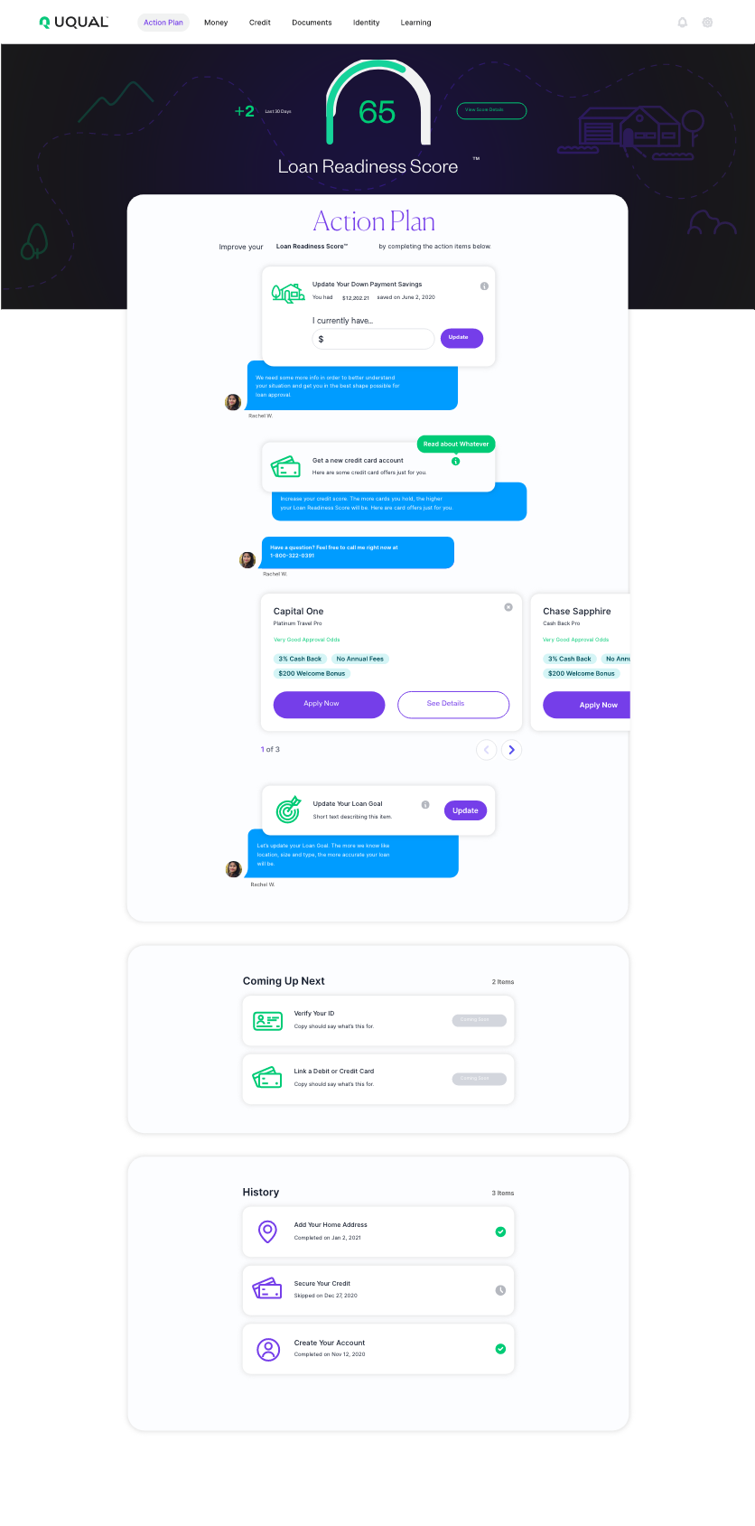 A webpage displays a loan readiness score of 65, followed by an action plan with messaging about improving credit, upcoming tasks, and a history section for tracking past actions, all in a modern, clean interface.