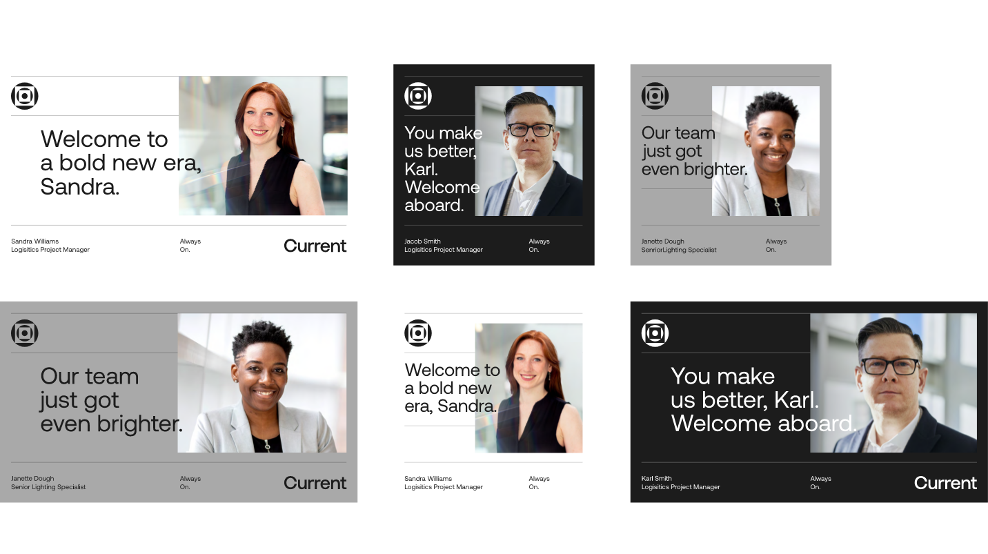 A collage with six welcome graphics features professional headshots of three individuals, each image containing welcoming text, their names, titles, and the Current company logo on a white or gray background.