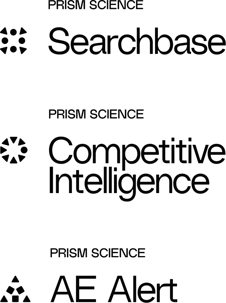 Black text on a white background reads “PRISM SCIENCE Searchbase,” “PRISM SCIENCE Competitive Intelligence,” and “PRISM SCIENCE AE Alert.” Each section has a unique geometric icon beside the names.