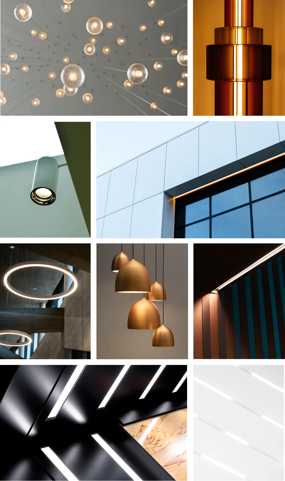 Collage of modern architectural lighting, featuring pendant lights, circular and linear fixtures, spotlights, gold metallic lamps, and exterior building lights against sleek geometric backgrounds.