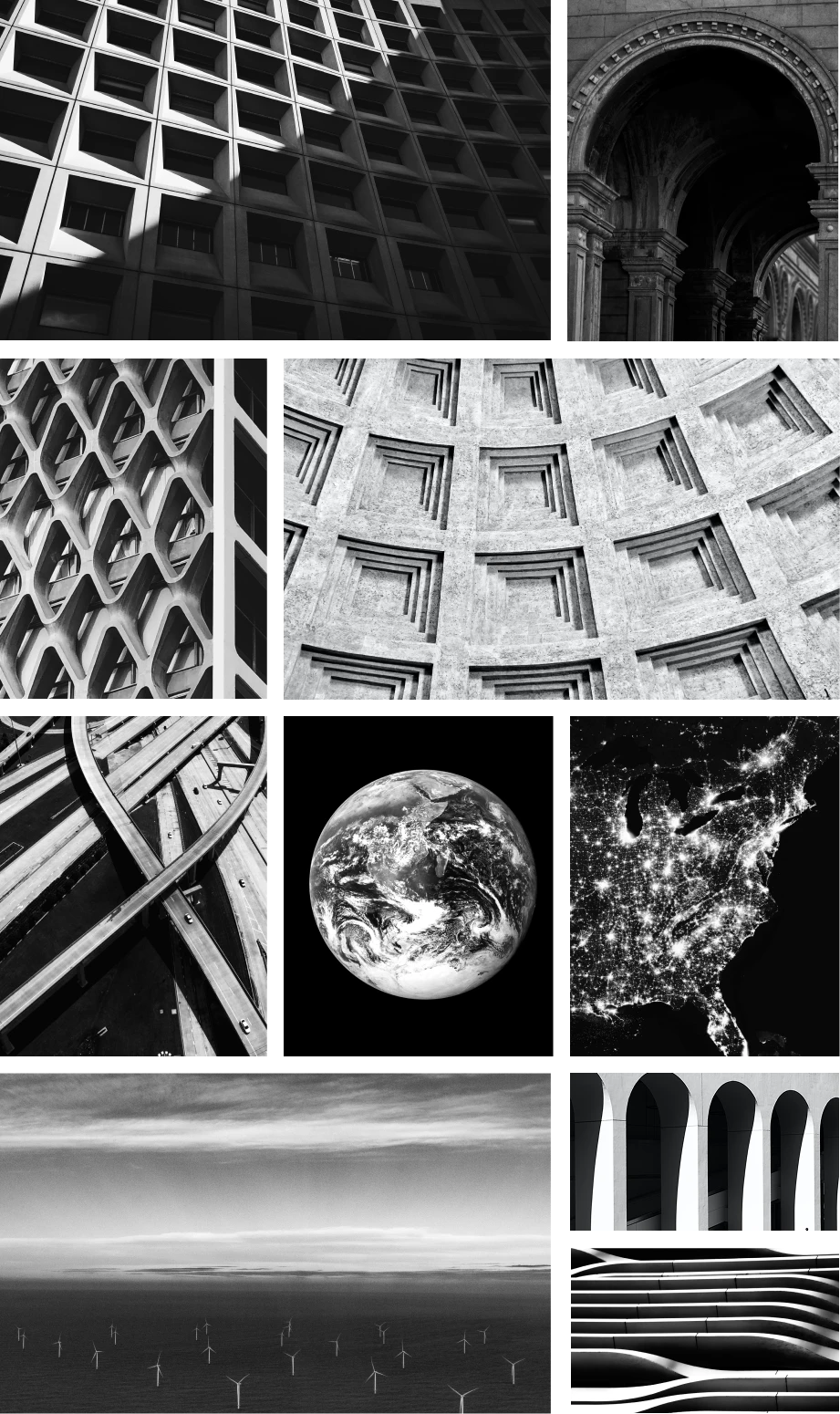 A collage of black-and-white images showing modern architectural patterns, curved building facades, the Pantheon dome, the Earth from space, US city lights at night, offshore wind turbines, and abstract arches.