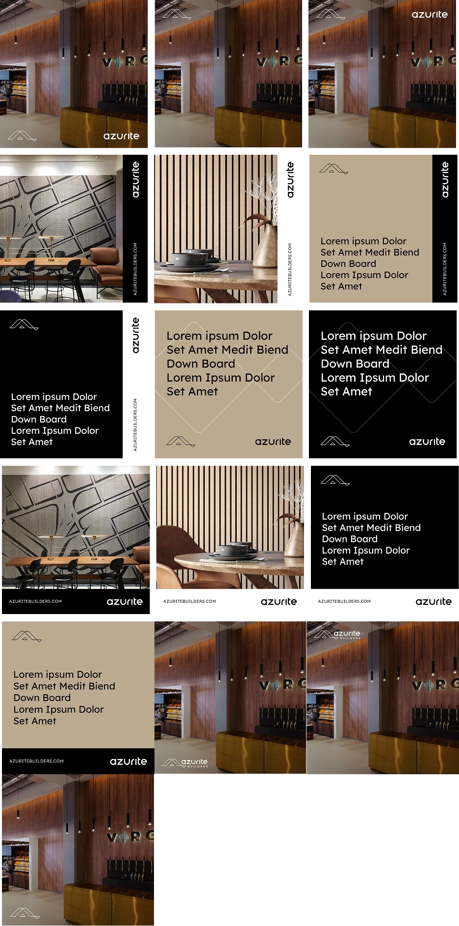 A collage of modern branding templates for azurite, featuring geometric designs, minimalist text layouts, and a photo of a stylish, wood-accented café interior with tables, chairs, lights, and a barista.