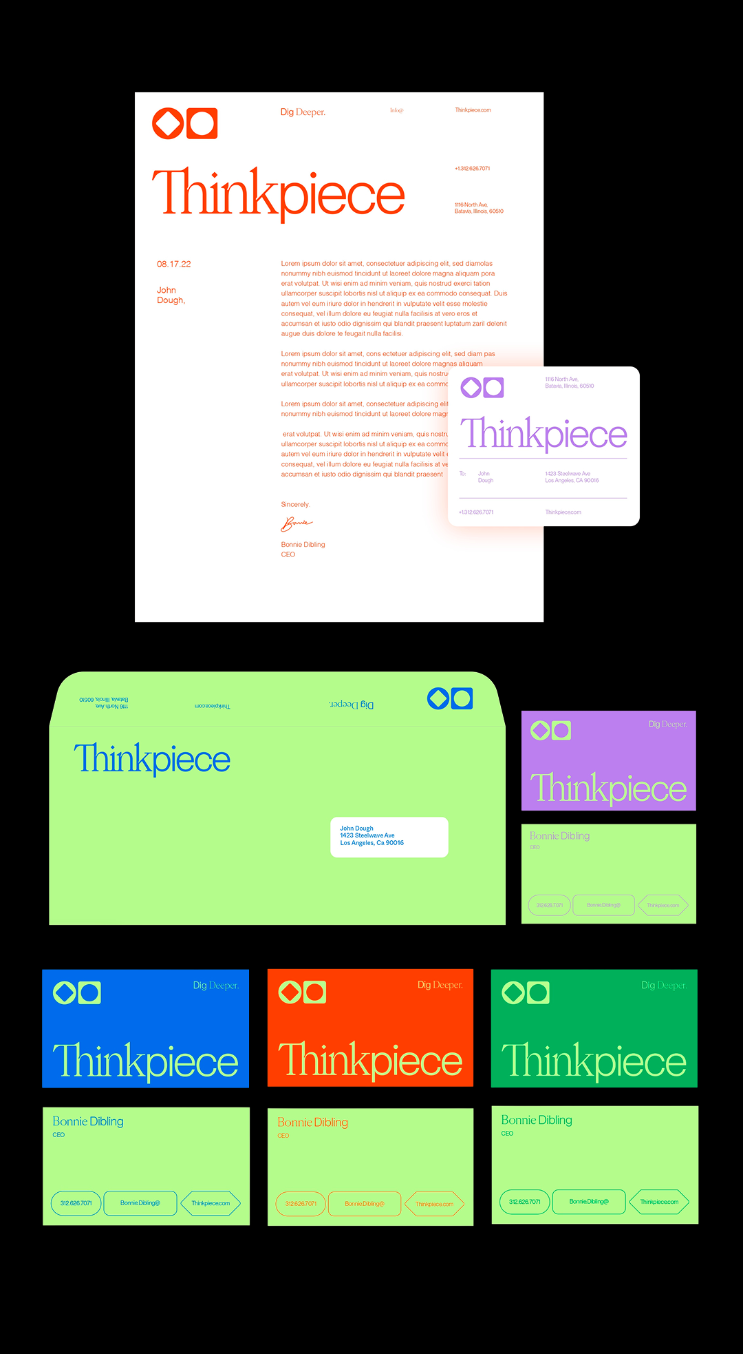 A branding set for Thinkpiece includes a letterhead, business card, envelope, and cards in various colors. The designs use bold, colorful text and minimalist layouts with orange, green, blue, and purple themes.
