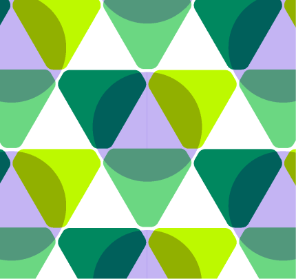 A geometric pattern of overlapping triangles and semi-circles in shades of green, teal, lime, and lavender, arranged in a repeating, symmetrical grid on a light background.