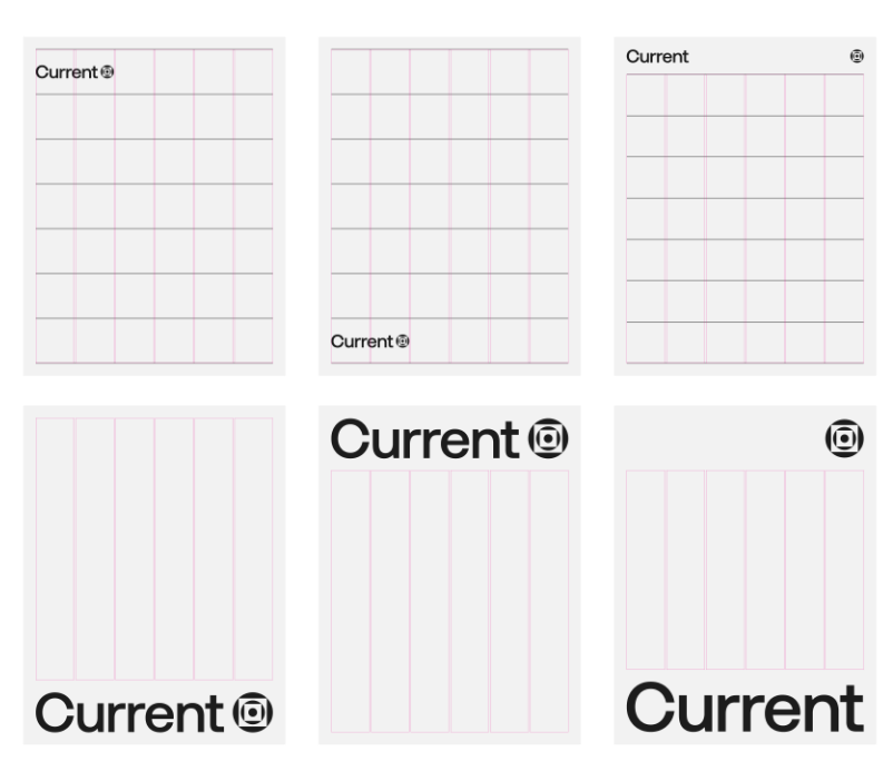 Six white sheets of paper, each with the word Current and a circular logo. The sheets display different layouts of pink grid or line patterns and varying placements and sizes of the logo and text.