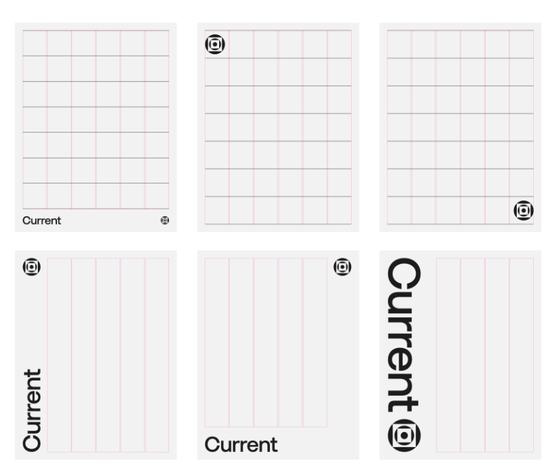 Six white poster templates with pink grids and the word Current in various positions and orientations. Each poster has a camera icon in different corners or alongside the text.