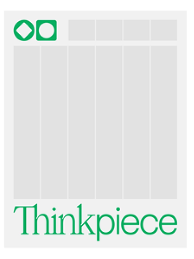 A minimalist graphic with a grid layout, two green icons in the top left corner, and the word Thinkpiece in large green text at the bottom. The background is mostly grey and white.