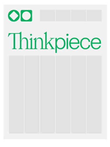 A graphic of a template featuring the word Thinkpiece in large green text, with green circle and diamond icons in the top left corner above a grid layout.