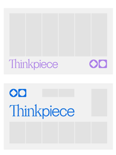 Two rectangles show different layouts for the word Thinkpiece. The top is in light purple with small text; the bottom is in blue with larger text and a blue logo on the left. Both have grid backgrounds.