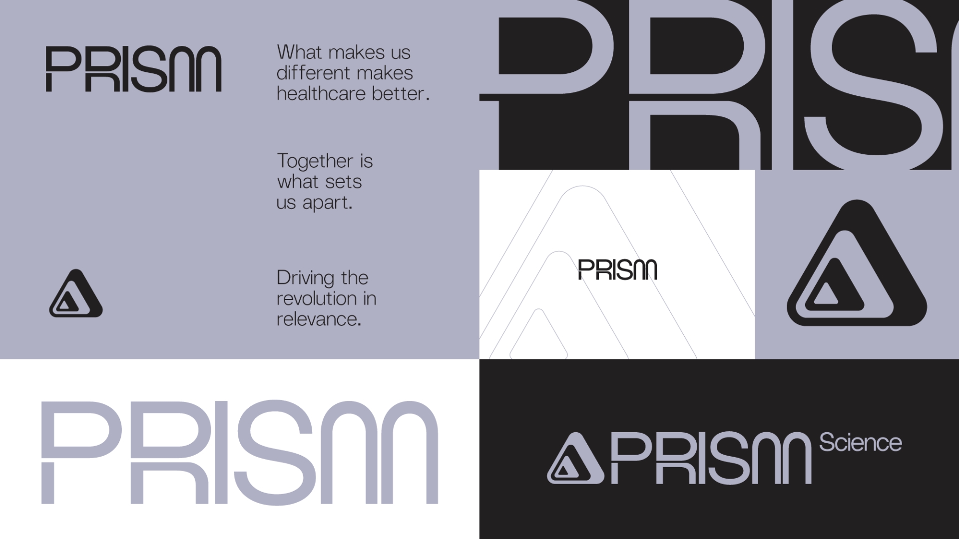A collage featuring the word “PRISM” and triangular logos in various fonts and colors, with phrases like “What makes us different makes healthcare better” and “Driving the revolution in relevance.”.