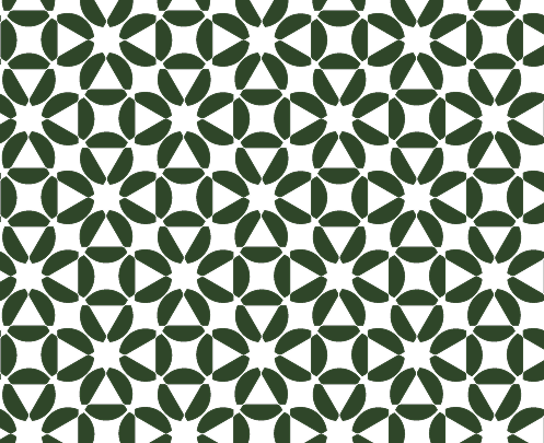A repeating geometric pattern with dark green petal-like shapes forming flower motifs on a white background. The design creates a symmetrical, tiled appearance with circular and diamond elements.