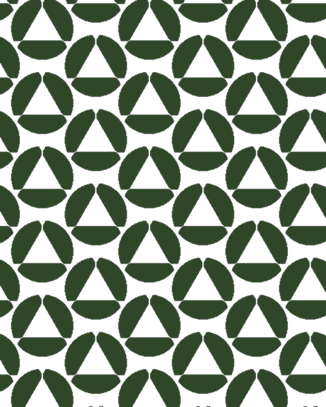 A repeating pattern of dark green geometric shapes forming triangles surrounded by three leaf-like segments on a white background. The design creates a modern, abstract, and symmetrical appearance.