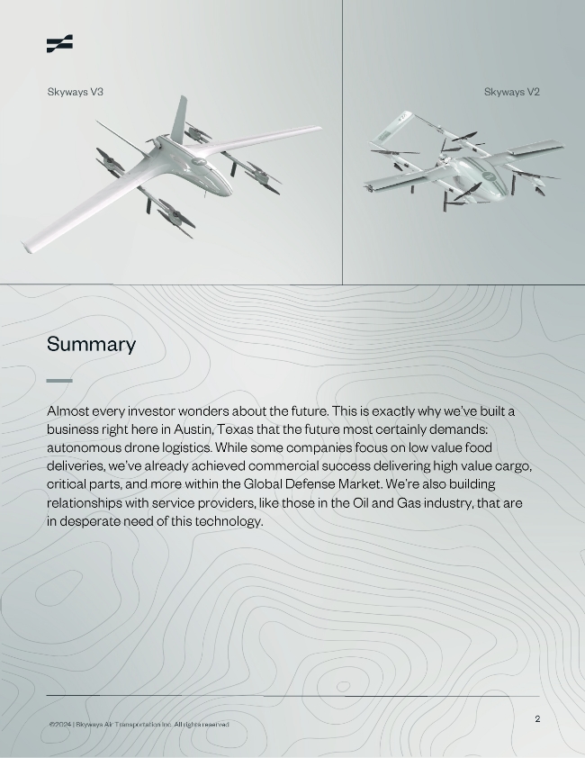 Two illustrations of unmanned cargo aircraft labeled Skyways V3 and Skyways V2 appear above a summary about the future of autonomous drone logistics in Austin, Texas, with an emphasis on commercial and defense deliveries.