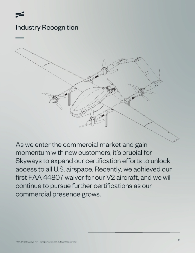 A technical line drawing of a large drone aircraft with four propellers accompanies text about Skyways earning FAA certification to operate in U.S. airspace and plans for further certifications.