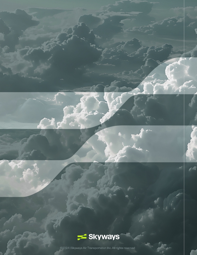 Dark, dramatic clouds fill the sky with three semi-transparent horizontal stripes and a curved line overlaid. At the bottom, the Skyways logo and text appear in white and green.