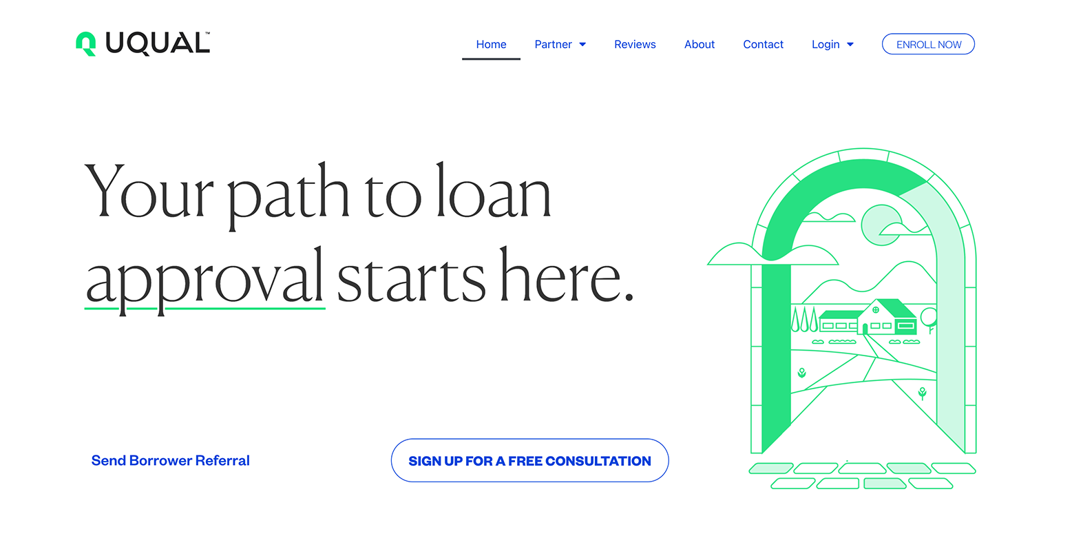 A website homepage for Uqual with the text Your path to loan approval starts here, a green outlined archway illustration, and buttons for referral and signing up for a free consultation. Navigation menu is at the top.