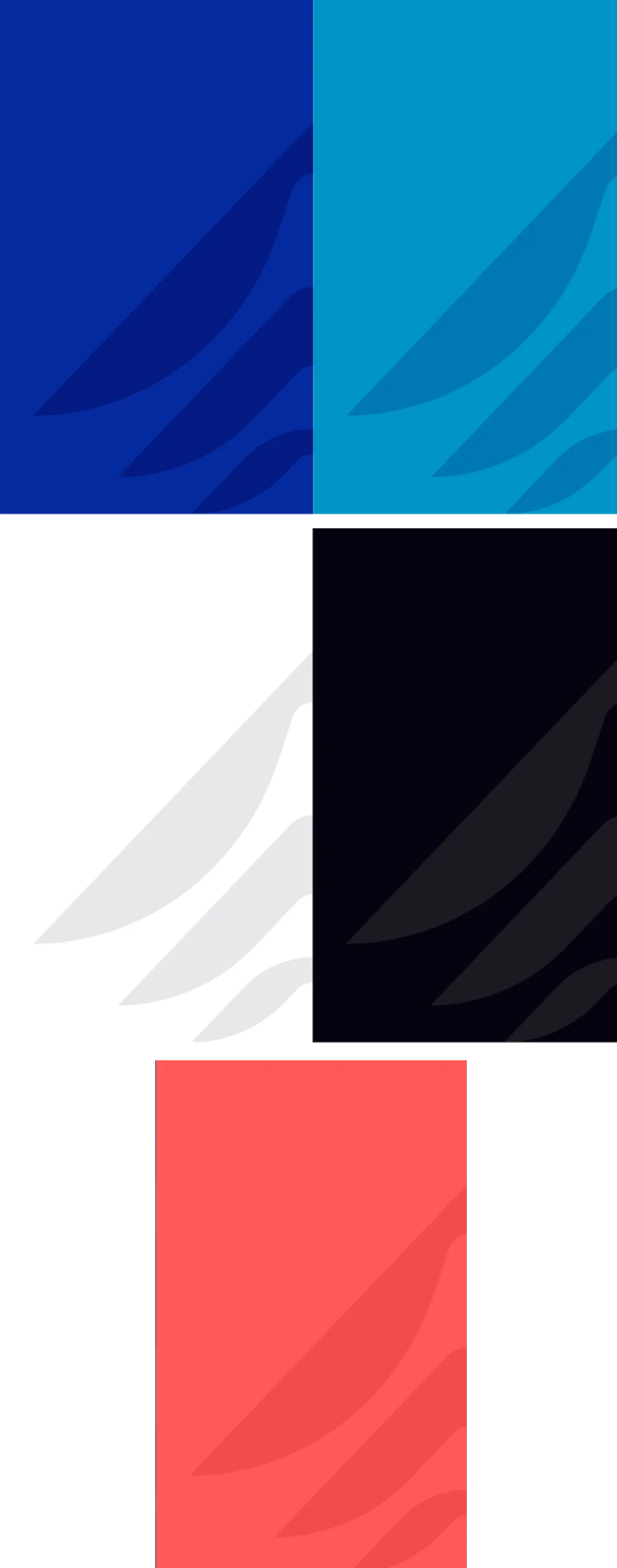 A grid of five colored rectangles with subtle curved wave patterns: dark blue, light blue, white, black, and red, arranged with the red rectangle centered below the others on a black background.