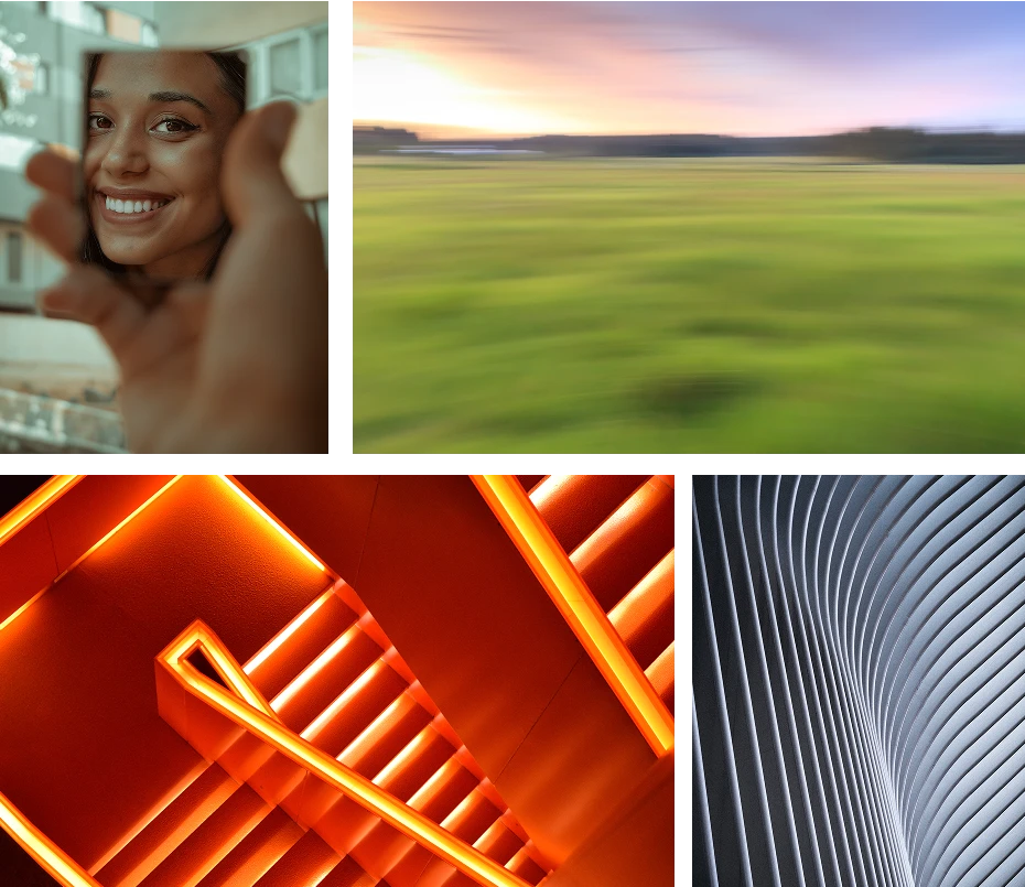 A collage of four images: a smiling woman holds a mirror, a blurred landscape with green fields and a blue sky, a glowing orange staircase, and abstract curved white lines on a dark background.