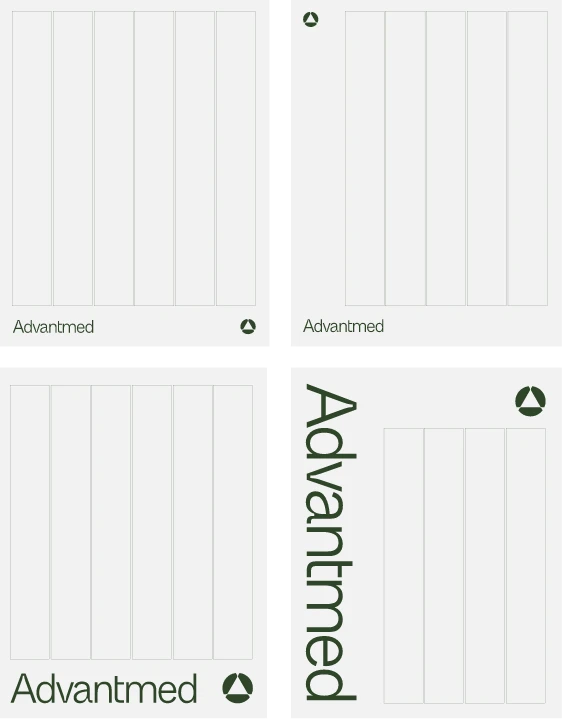 Four minimalist document templates with the word Advantmed and a circular geometric logo in green. Each template features varying logo placements and text orientations on a white background.