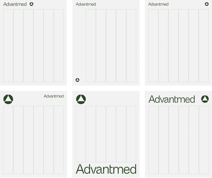 Six variations of Advantmed letterhead with different placements and sizes of the green Advantmed logo and text on a white background, divided into two rows of three sheets each.
