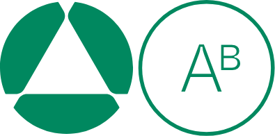 Green geometric shapes forming a triangle within a circle on the left, and the letters A and superscript B inside a circle on the right, both on a light background.