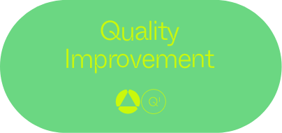 Green oval graphic with the words Quality Improvement in yellow text. Below the text are two yellow icons: one resembling a triangle with curved lines and the other a circle with the letter Q inside.
