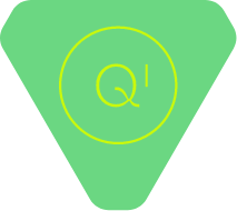 A green upside-down triangle with a thin yellow circle in the center. Inside the circle, the text Q1 is written in yellow, with the 1 positioned slightly above and to the right of the Q.