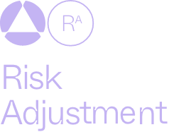 Light purple icons and text on a light background; a geometric symbol and RA in a circle appear above the words Risk Adjustment written in large, soft purple letters.