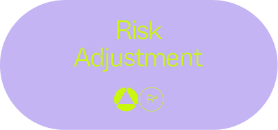 Purple oval with the words Risk Adjustment in yellow-green text at the center, and two small yellow-green symbols below the text.