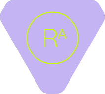 A purple triangular shape with rounded corners features a yellow-green circle in the center. Inside the circle are the letters RA, with a superscript A.