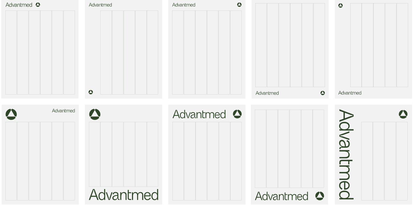 Eight white notepad designs feature the word “Advantmed” and logo in various positions and sizes on each sheet, with vertical gray lines as writing guides. Designs vary in logo placement and text orientation.