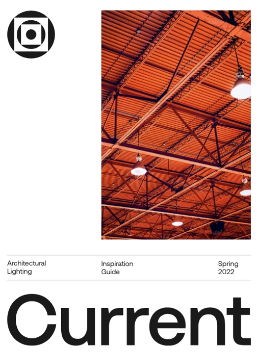 Magazine cover with a geometric logo, a photo of an industrial ceiling with orange trusses and hanging lights, and text reading Architectural Lighting Inspiration Guide Spring 2022 Current.