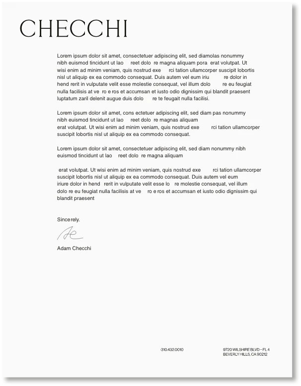 A formal letter on letterhead with the heading CHECCHI at the top, placeholder text in paragraphs below, and a signature line at the bottom above a printed name. Contact information appears along the bottom edge.