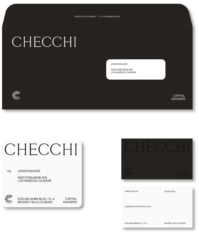 A set of black and white business stationery items for CHECCHI Capital Advisers, including an envelope, letter, and business cards, all featuring minimalist design and modern typography.