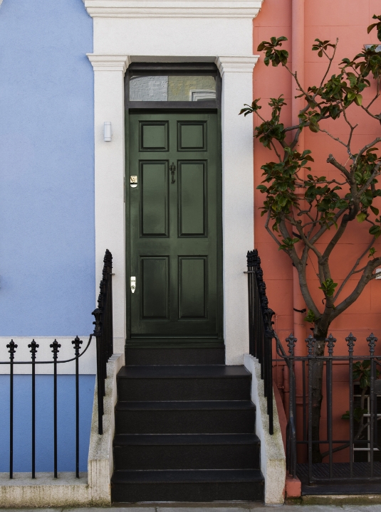 A dark green door with white trim is at the top of black steps, set between a blue wall on the left and a peach wall on the right, with a small tree growing next to the doorway.