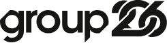 Black text logo reading group 26, with the number 26 stylized so that the 6 curves into the 2.