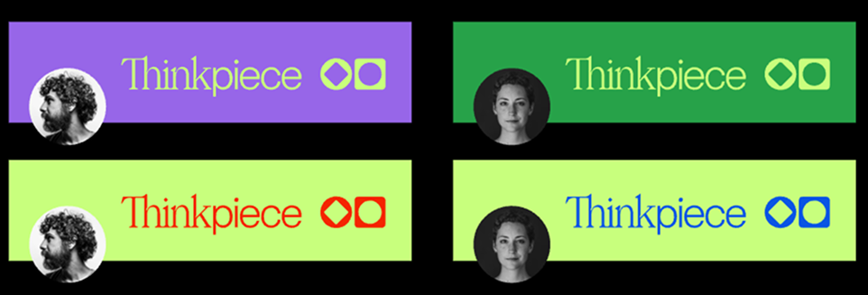 Four colorful banners reading Thinkpiece with circular black-and-white profile photos and geometric icons; top left is purple, top right is green, bottom left is yellow-red, and bottom right is light green-blue.