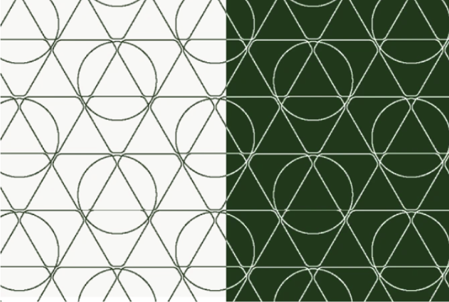 A geometric pattern with interlocking circles and triangles. The left half has a white background with dark green lines, while the right half has a dark green background with white lines.