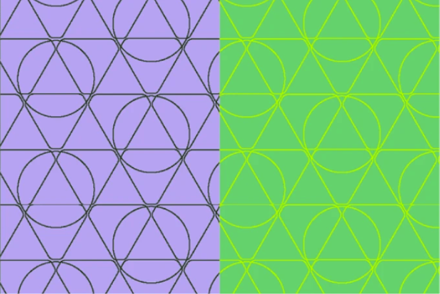Geometric pattern split in half: left side with black triangles and circles on a purple background; right side with yellow triangles and circles on a green background.