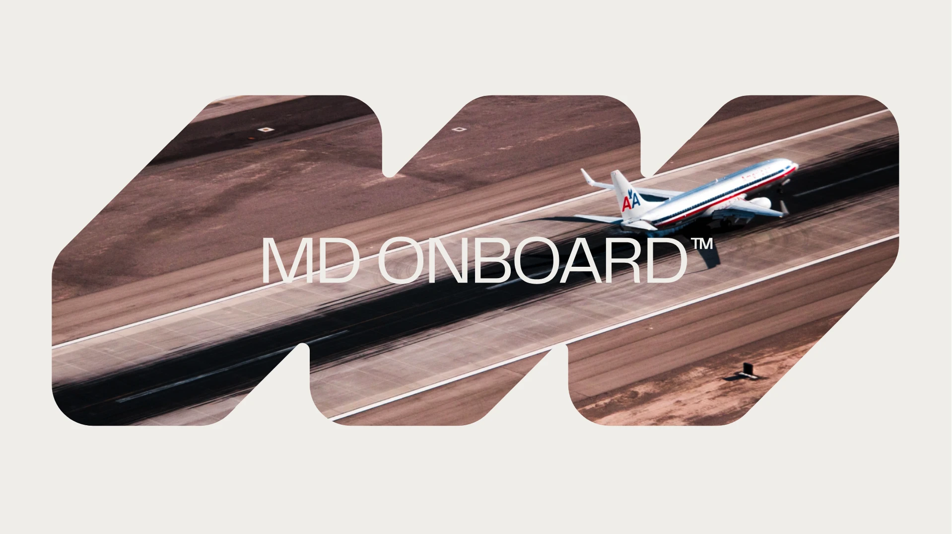 A commercial airplane lands on a runway, seen through three rounded shapes. The text MD ONBOARD™ is centered over the image.