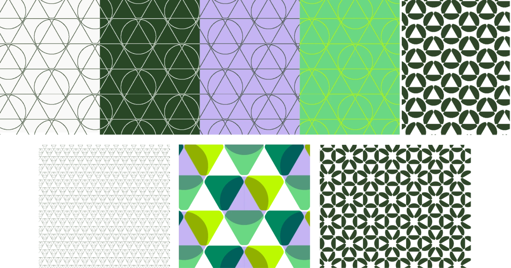 A collection of eight geometric patterns in green, purple, black, and white, featuring circles, triangles, and abstract shapes arranged in repeating grids.